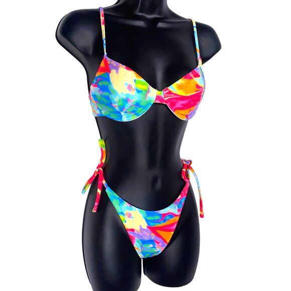 New Small Colorful Underwire Retro Adjustable Side Tie Bikini Bathing Suit Set - Picture 1 of 4